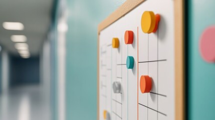 Task Board Strategy with Colorful Pins, Blurred Hallway Background, Focus on Workflow Visualization, Abstract Planning, Productivity, Project Management, Strategy