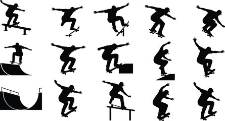 skateboarder silhouettes, skateboarding tricks, extreme sport action, urban street culture, black vector icons, skater jump poses, dynamic motion © Afsun