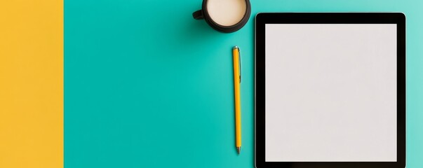 Tablet, coffee and stylus on teal and yellow background. Modern workspace flat lay, conceptual, minimal design. ,workplace,flatlay
