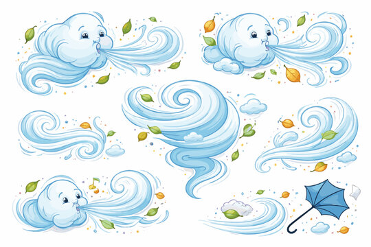 Cartoon wind characters blowing leaves with clouds and umbrella
