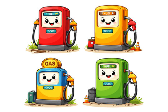 Cute cartoon gas pumps in red, yellow, blue, and green with happy faces