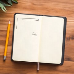 Top view of an open dotted notebook with a pencil and leaf on a wooden desk, featuring a minimal drawing and Arabic calligraphy, planning, bullet journal, art, education, writing