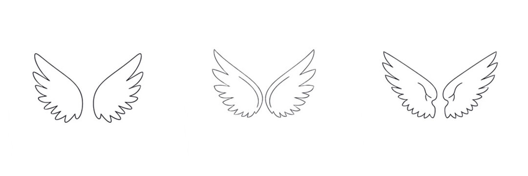 Minimalist outline wings isolated on white background, simple linear wing design for modern art, graphic design, logo, illustration and minimal fantasy or angelic concept with clean style