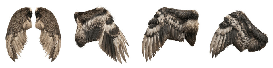 Realistic Nightjar and Mottled Predator Wing Collection Featuring Detailed Camouflage Plumage and Dynamic Flight Postures Isolated on White Background PNG Mockup