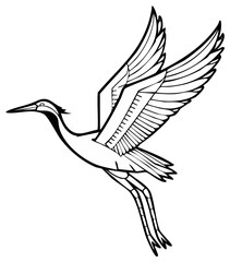 Obraz premium Stylized black and white line art illustration of a graceful crane bird flying with open wings