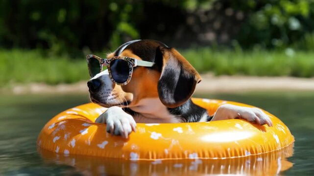 Dog wearing sunglasses and floating on an orange donut inflatable in the water
