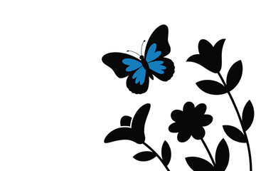 Obraz premium Butterfly with Blue Wings Among Silhouette Flowers, transformation concept