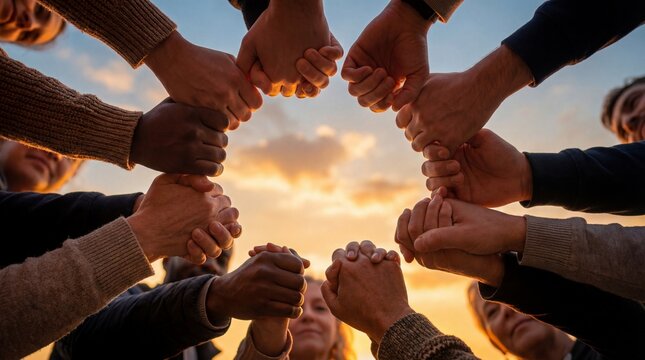 Diverse group of people showing unity and solidarity with clenched fists together in a circle at sunset
