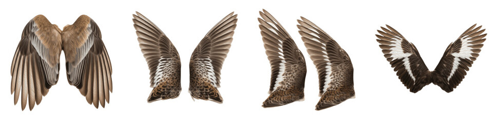 Realistic Osprey and Raptor Wing Collection Featuring Detailed Brown Feather Patterns and Dynamic Flight Postures Isolated on White Background PNG Mockup