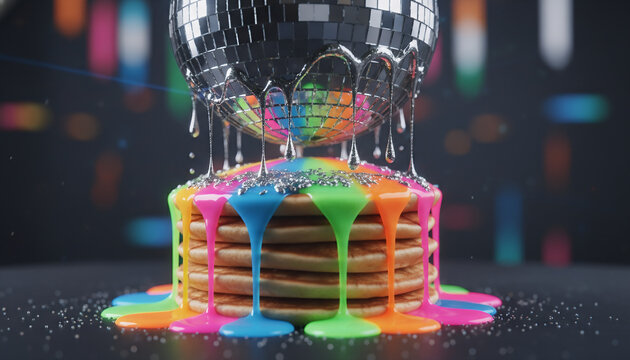 Surreal melting disco ball dripping onto stack of pancakes with colorful neon syrup. Party food concept.