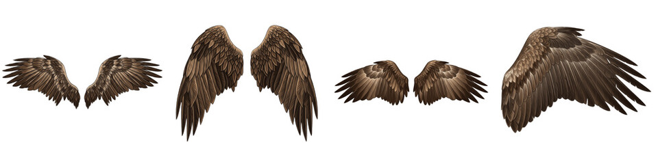 Realistic Bald Eagle and Raptor Wing Collection Featuring Detailed Brown Feather Patterns and Dynamic Flight Postures Isolated on White Background PNG Mockup