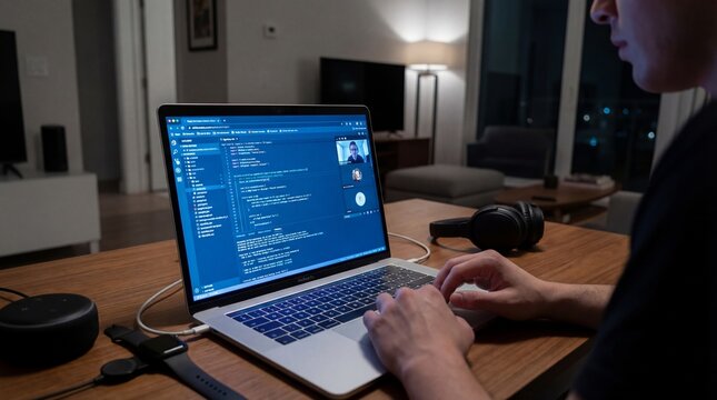 Developer coding late at night on a laptop displaying source code while engaged in a remote video conference call with colleagues in a modern apartment setting