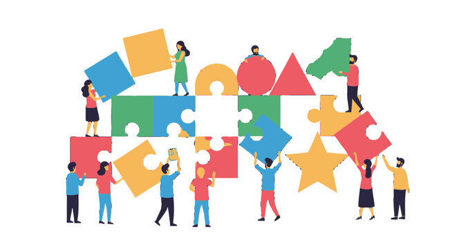 Diverse team collaborating on a puzzle project together.