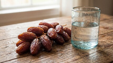 A close up of a cluster of delicious dried dates resting beside a refreshing glass of clear water on a rustic wooden surface near a window.