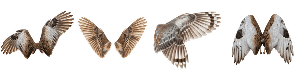 Realistic Large Bird and Owl Wings Collection Featuring Detailed Feather Patterns and Dynamic Flight Postures Isolated on White Background PNG Mockup
