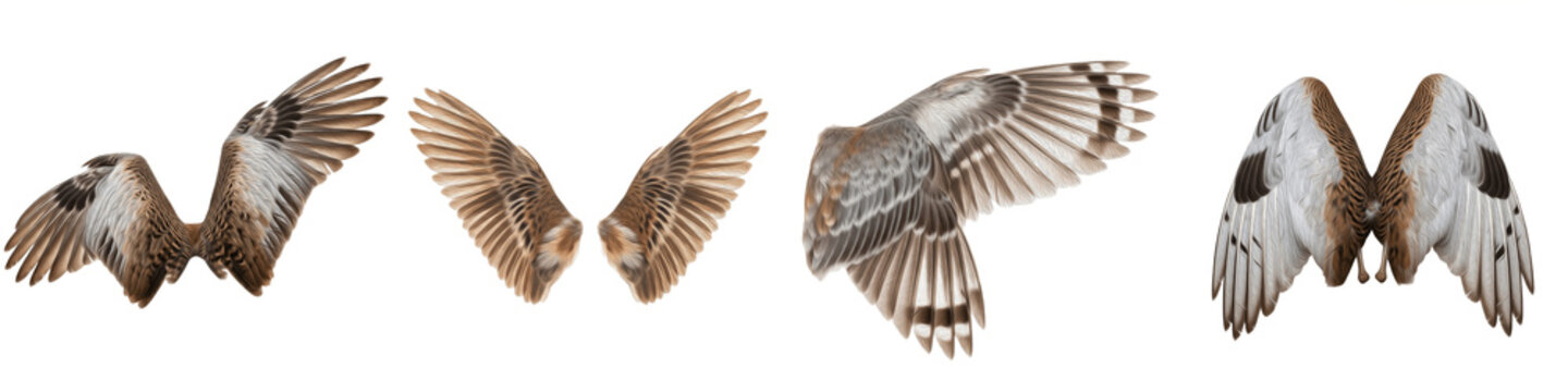 Realistic Large Bird and Owl Wings Collection Featuring Detailed Feather Patterns and Dynamic Flight Postures Isolated on White Background PNG Mockup
