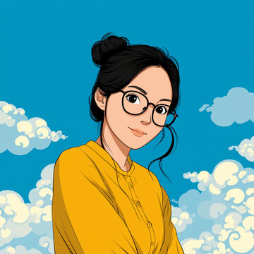 Ilustraci&oacute;n de mujer joven sonriente, cabello negro recogido, gafas redondas, blusa amarilla, cielo azul y nubes estilizadas. Retrato digital de chica moderna con expresi&oacute;n amable