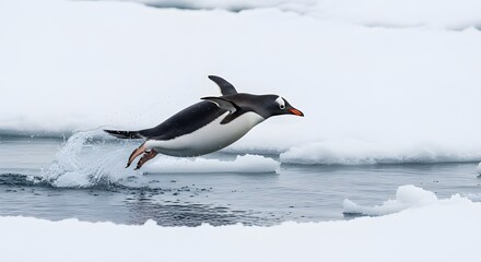 Obraz premium A penguin jumping from ice into the cold ocean, capturing natural movement and behavior of penguins in their polar habitat.