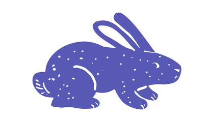 Hand drawn rabbit illustration in folk art style on white background. Naive art bunny in crouching pose. Easter and spring animal design concept for design and print.