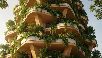 Obraz premium Sustainable modern building with lush greenery on balconies