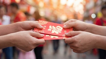 Close up view of two sets of hands exchanging traditional vibrant red envelopes decorated with golden Chinese characters during a festive occasion or celebration.