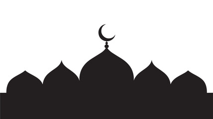 Mosque Silhouette with Crescent Moon in Minimalist Design on Black and White Background for Islamic Illustration