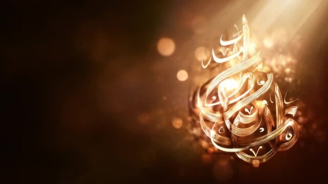 Glowing calligraphy illuminated with light beams against a dark, warm-toned background with bokeh