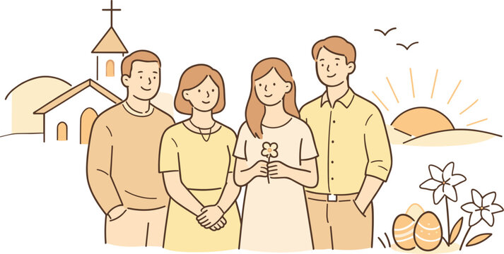 Easter morning church gathering scene, small group of people standing together calmly with gentle smiles and
