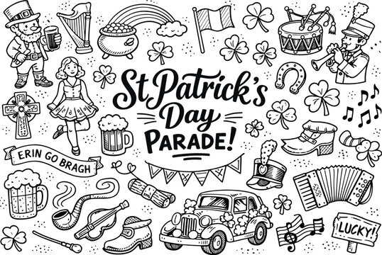 Traditional Irish parade for St Patrick&rsquo;s Day hand drawn doodle elements set, center hand-lettered title, black & white vector