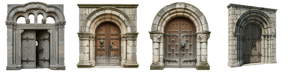 Fototapeta premium Ancient Stone Archways and Medieval Castle Doors PNG, Gothic Cathedral Entrance Portals, Weathered Limestone Doorways Isolated On White Background