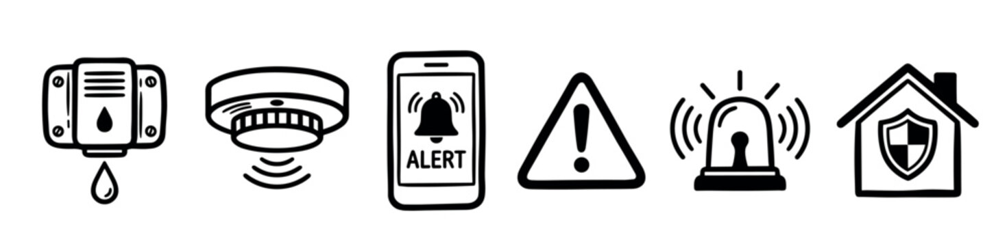 Hand-drawn black and white safety icons including a smoke detector, siren, phone alert, warning sign, water leak sensor, and secure home symbol in a simple sketch illustration