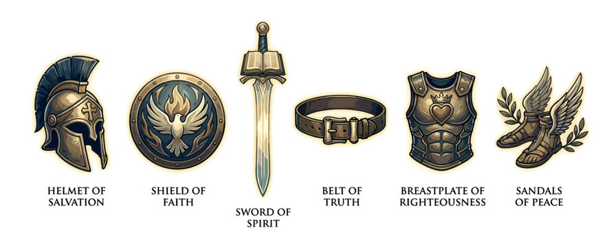 The full armor of God collection featuring six symbolic pieces in a detailed, glowing illustrative style representing biblical faith and spiritual warfare