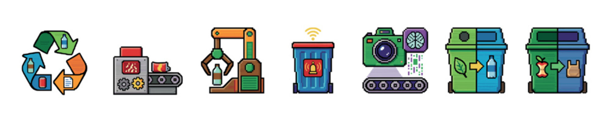 Set of pixel art recycling icons illustrating modern waste management technology, including a smart bin, robotic arm, AI sorting camera, and processing machinery for sustainability