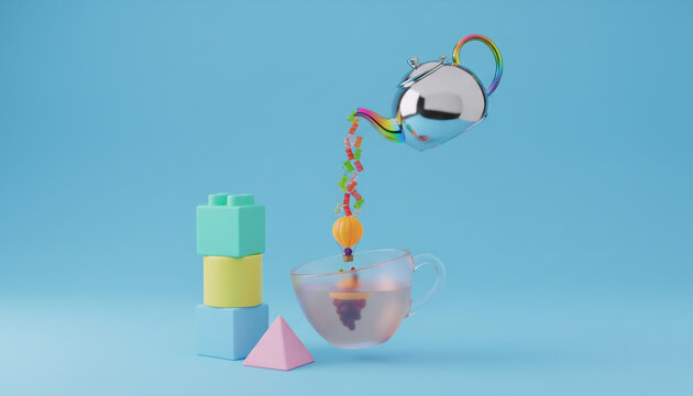 Silver teapot pouring gummy bears and hot air balloon into cup. Imagination concept.