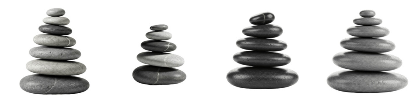Zen Balanced Stone Stacks PNG, Smooth River Rock Pyramids, Meditation Pebble Cairn Set, Spiritual Yoga Spa Basalt Stones Isolated On White Background