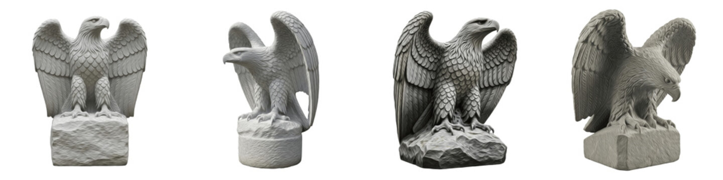 Majestic Eagle Stone Statue Set PNG, Carved Concrete Bird Sculptures, Patriotic Hawk Garden Ornaments, Gray Gritty Texture Raptor Figurines Isolated On White