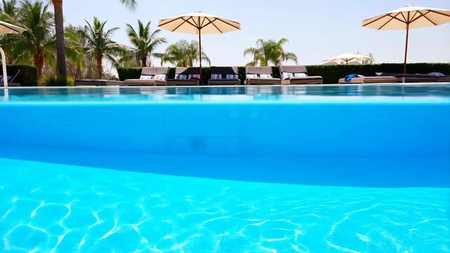 Tranquil swimming pool with lounge chairs and palm trees under sunny skies. Ideal for relaxation and luxury vacation experiences