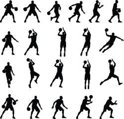 Basketball player silhouette set showing dribbling shooting passing and dunking actions isolated on white background for sports design advertising branding projects marketing visuals