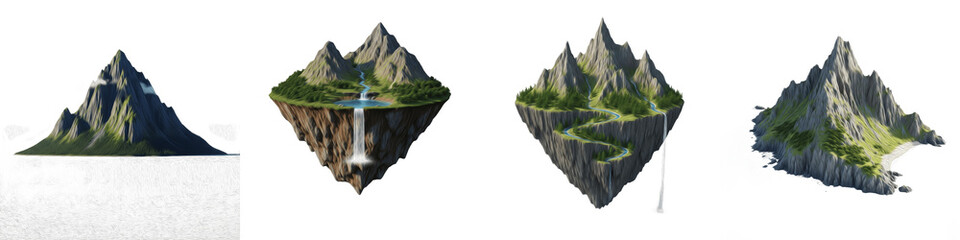 Set of Four Floating Mountain Islands, Realistic Aerial Terrain Pedestals with Waterfalls and Lush...