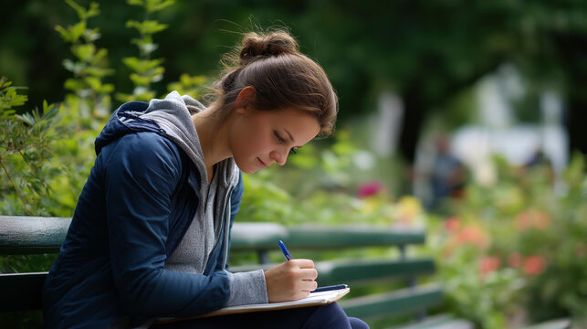 Young woman writing in notebook sitting on bench at park person taking notes outdoors in natural setting journaling or studying moment on public seating outdoor writing