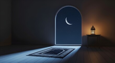Minimalist interior scene of a Ramadan prayer room featuring a prayer mat, soft lantern light, and a crescent moon visible through an arched window. The calm night atmosphere reflects spirituality.