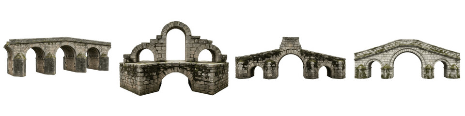 Set of Four Realistic Ancient Medieval Stone Bridges, Weathered Masonry Viaducts and Citadel Crossing Elements, 3D Render Isolated on White Background PNG