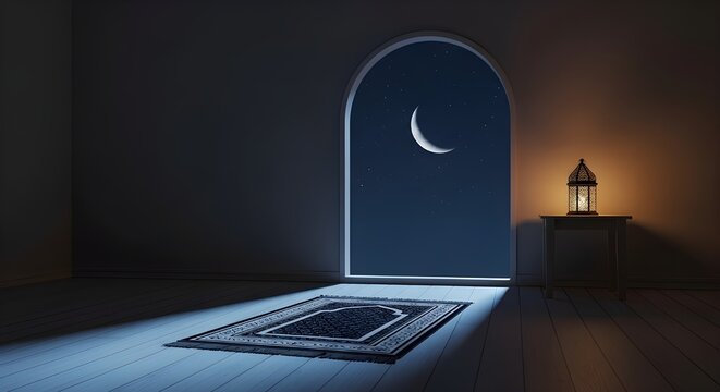 Minimalist interior scene of a Ramadan prayer room featuring a prayer mat, soft lantern light, and a crescent moon visible through an arched window. The calm night atmosphere reflects spirituality.
