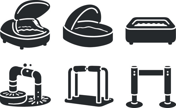 Solid vector icons of deprivation float environments: sealed float tank, zero-light canopy, muted interior basin