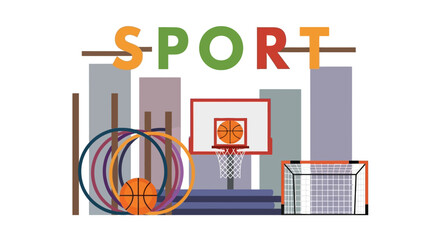 Sports equipment arranged around a basketball hoop in a cityscape environment viewed from the front © Steven