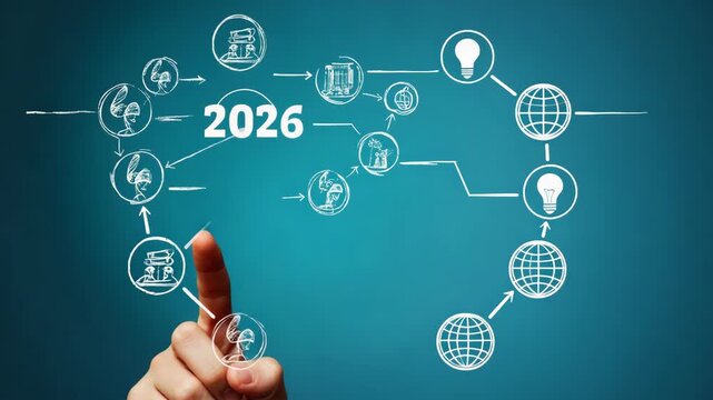 Business roadmap to 2026 success concept. A strategic business journey. Finger points at the 2026 target, surrounded by icons representing innovation, sustainability, teamwork and goal achie.