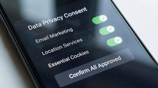 A smartphone screen displaying data privacy consent options for online security and protection.