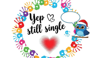 A cartoon blue bird wearing a Santa hat sits on a branch with a speech bubble surrounded by colorful flowers and a red heart in the center