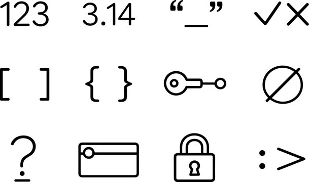 Line style vector icons of coding programming data types symbols: integer type, floating number, string quotes,