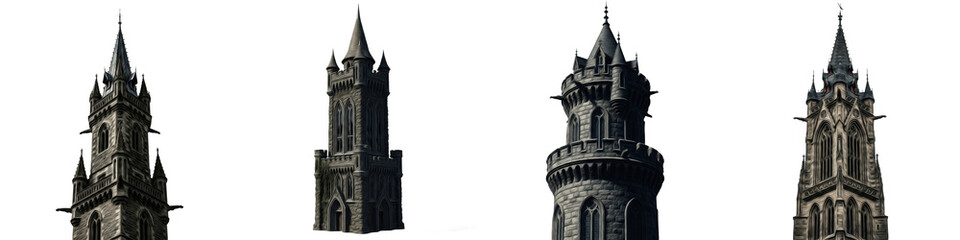 Realistic Set of Four Medieval Gothic Stone Towers and Castle Turrets, Dark Ancient Fortress Architecture Elements, 3D Render Isolated on White Background PNG © Jamil
